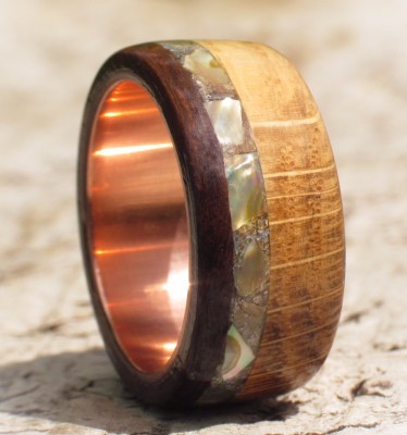 Copper Oak Rosewood And Abalone Shell Ring UK Size U 1/2